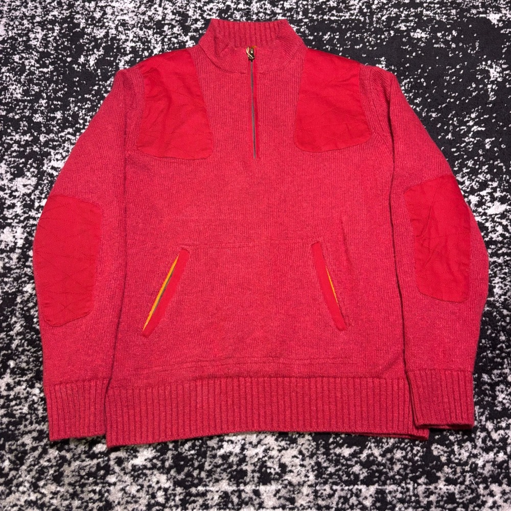 Beretta Mens Red Lambswool Blend Quarter Zip Shooting Sweater XL Patch Elbows
